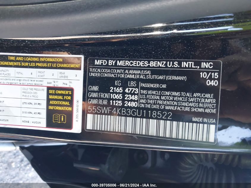 2016 Mercedes-Benz C 300 300 4Matic VIN: 55SWF4KB3GU118522 Lot: 39705006