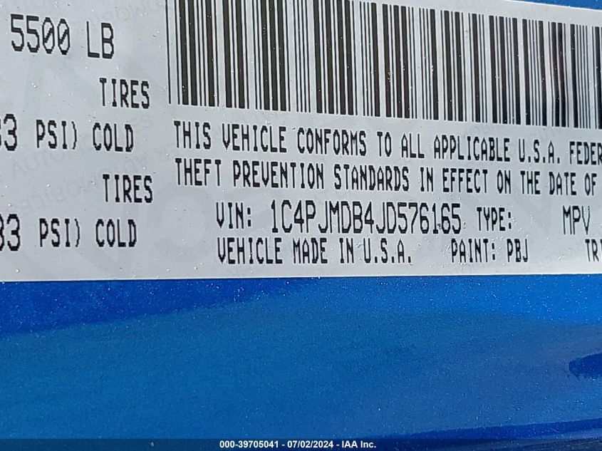 2018 Jeep Cherokee Limited 4X4 VIN: 1C4PJMDB4JD576165 Lot: 39705041