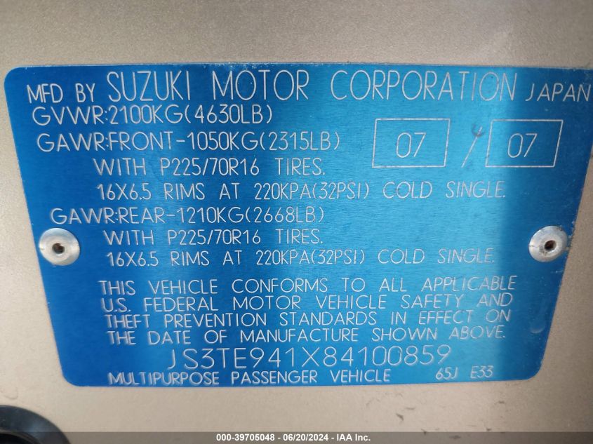 2008 Suzuki Grand Vitara Appearance/Appearance + VIN: JS3TE941X84100859 Lot: 39705048