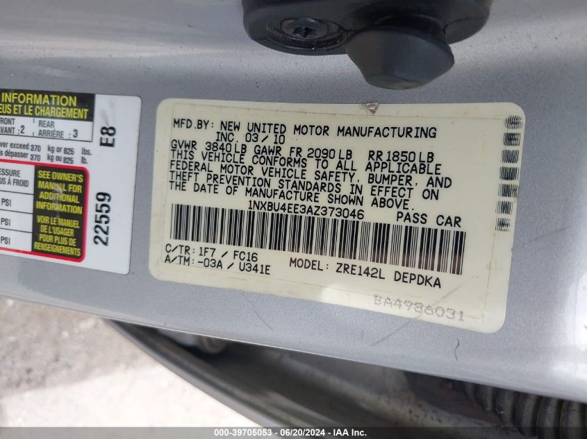 2010 Toyota Corolla Le VIN: 1NXBU4EE3AZ373046 Lot: 39705053