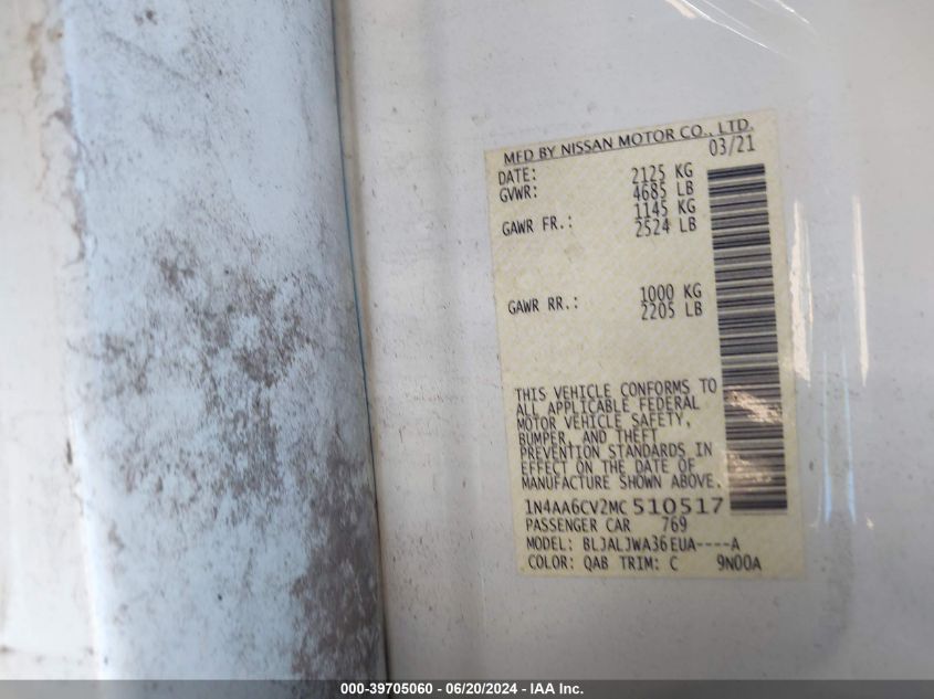 2021 Nissan Maxima Sv VIN: 1N4AA6CV2MC510517 Lot: 39705060