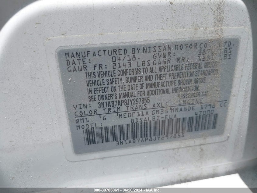 2018 Nissan Sentra S VIN: 3N1AB7AP8JY297855 Lot: 39705061