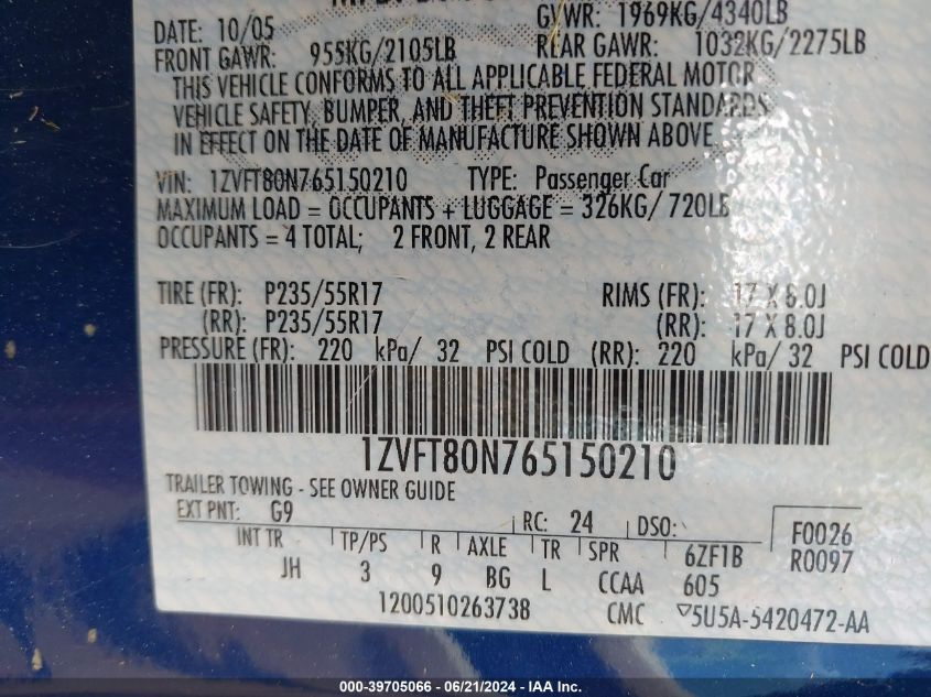 2006 Ford Mustang V6 VIN: 1ZVFT80N765150210 Lot: 39705066