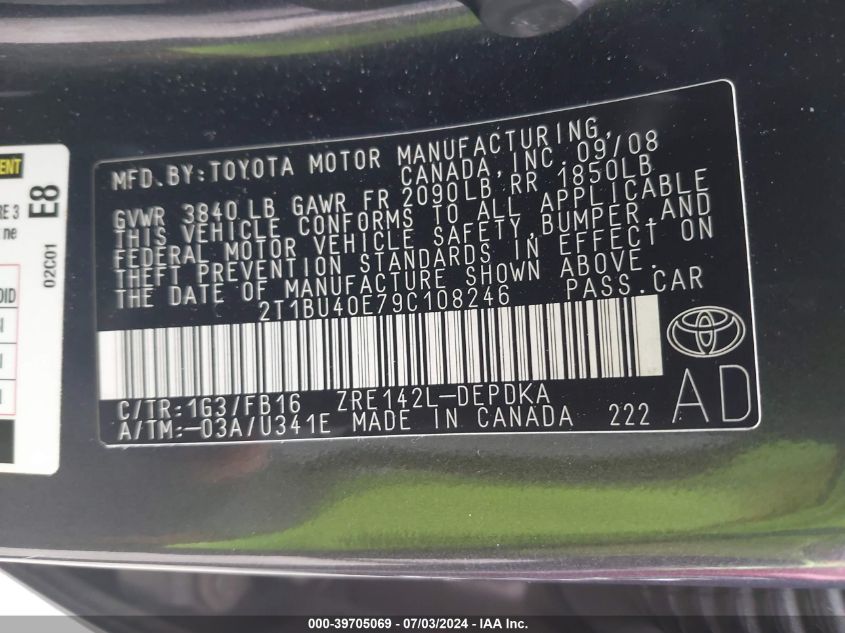 2009 Toyota Corolla S/Le/Xle VIN: 2T1BU40E79C108246 Lot: 39705069