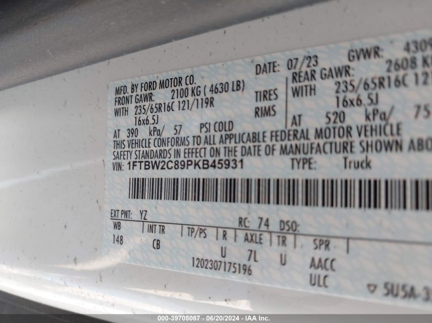 2023 Ford Transit-350 VIN: 1FTBW2C89PKB45931 Lot: 39705087