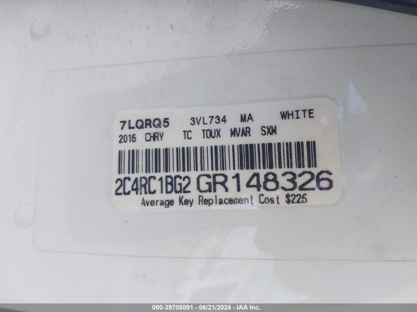 2016 Chrysler Town & Country Touring VIN: 2C4RC1BG2GR148326 Lot: 39705091