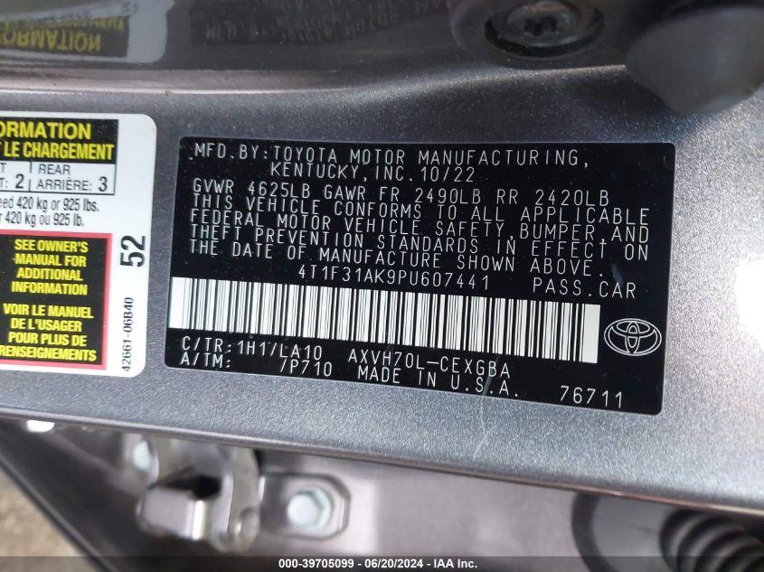 4T1F31AK9PU607441 2023 Toyota Camry Xle Hybrid