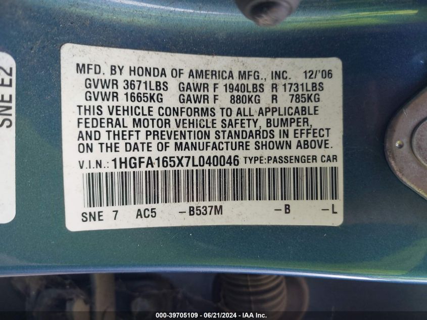 2007 Honda Civic Lx VIN: 1HGFA165X7L040046 Lot: 39705109