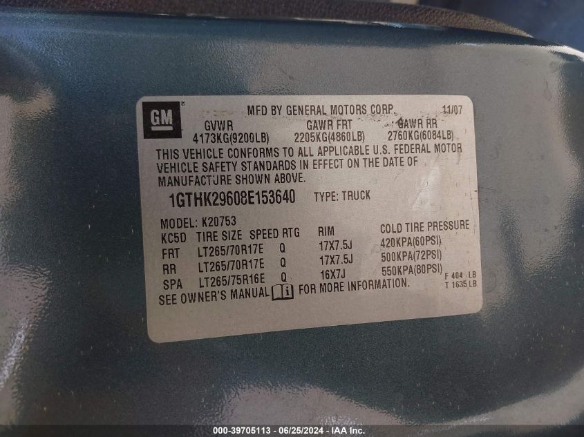 2008 GMC Sierra 2500Hd Slt VIN: 1GTHK29608E153640 Lot: 39705113