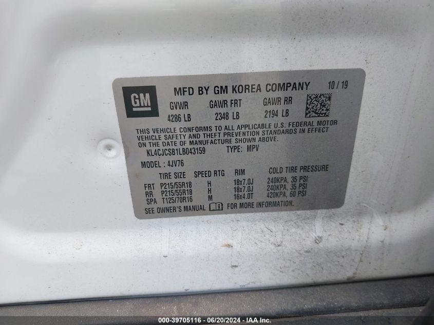 2020 Buick Encore Fwd Essence VIN: KL4CJCSB1LB043159 Lot: 39705116