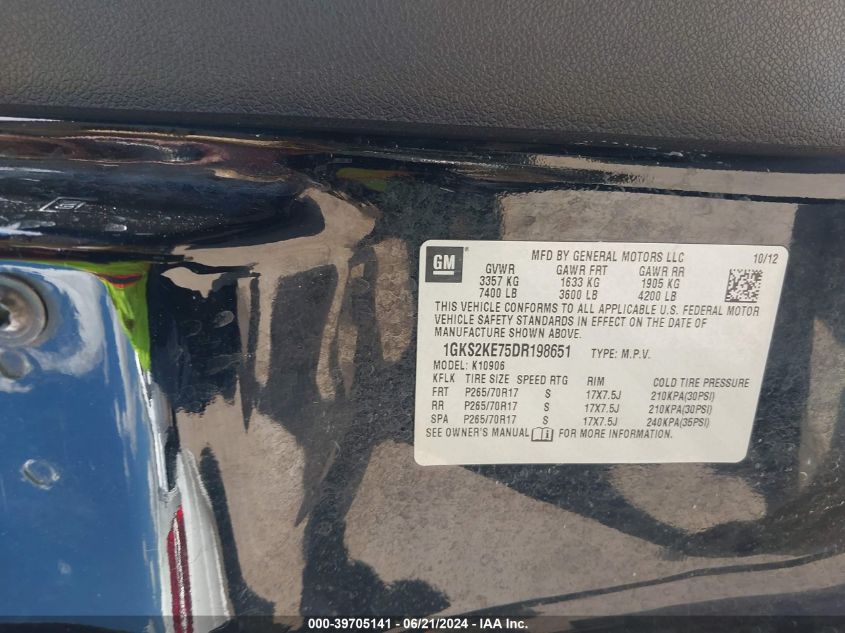 2013 GMC Yukon Xl 1500 Slt VIN: 1GKS2KE75DR198651 Lot: 39705141