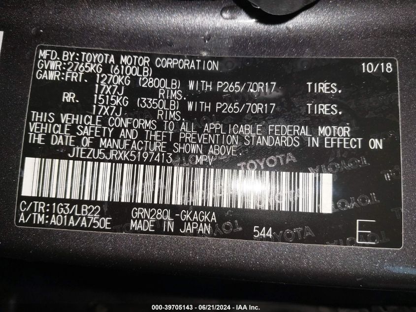 2019 Toyota 4Runner Sr5/Limited/Limited Night VIN: JTEZU5JRXK5197413 Lot: 39705143