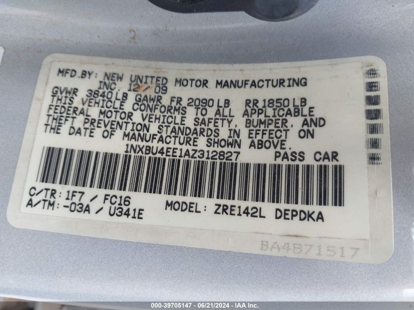 2010 Toyota Corolla S/Le/Xle VIN: 1NXBU4EE1AZ312827 Lot: 39705147