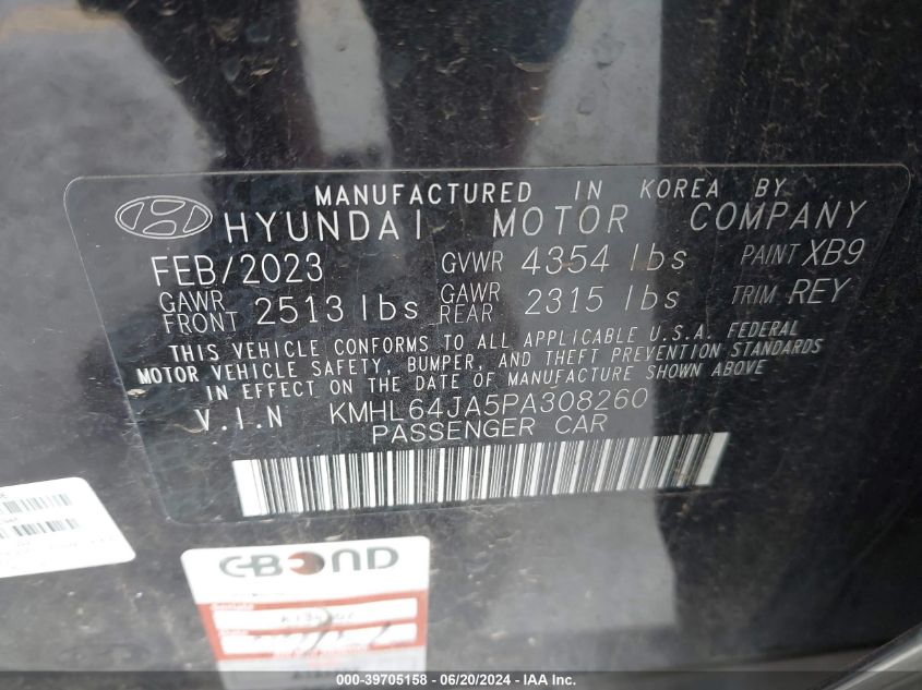 2023 Hyundai Sonata Sel VIN: KMHL64JA5PA308260 Lot: 39705158