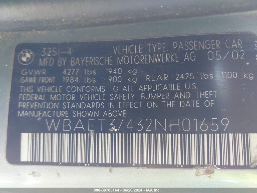 2002 BMW 325I VIN: WBAET37432NH01659 Lot: 39705164
