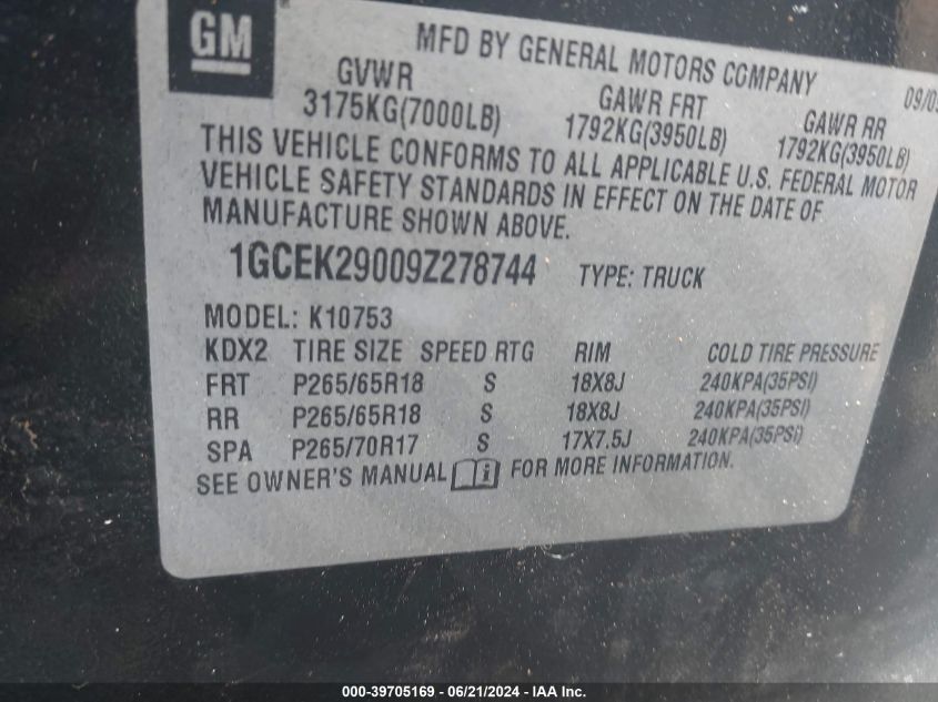 2009 Chevrolet Silverado 1500 Lt VIN: 1GCEK29009Z278744 Lot: 39705169