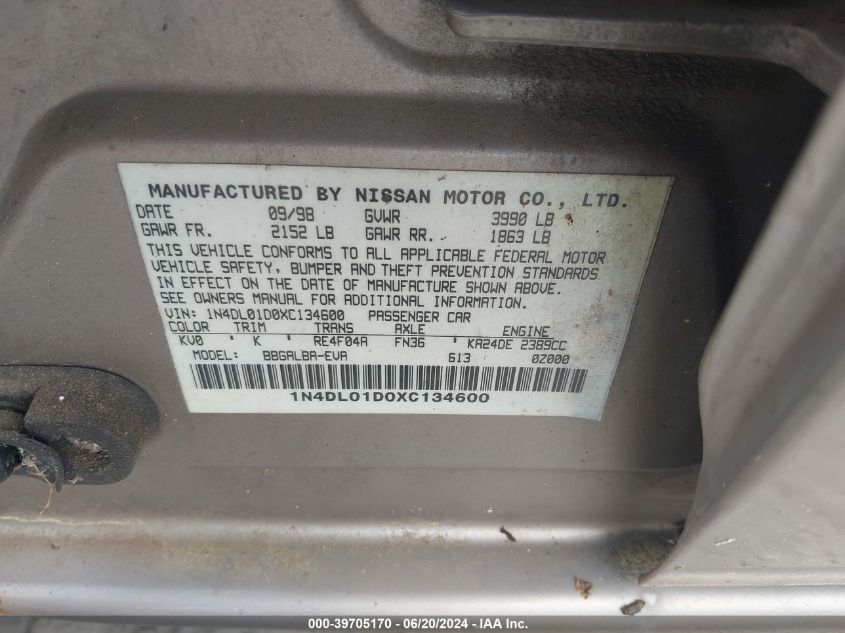 1999 Nissan Altima Gle/Gxe/Se/Se-L/Xe VIN: 1N4DL01D0XC134600 Lot: 39705170