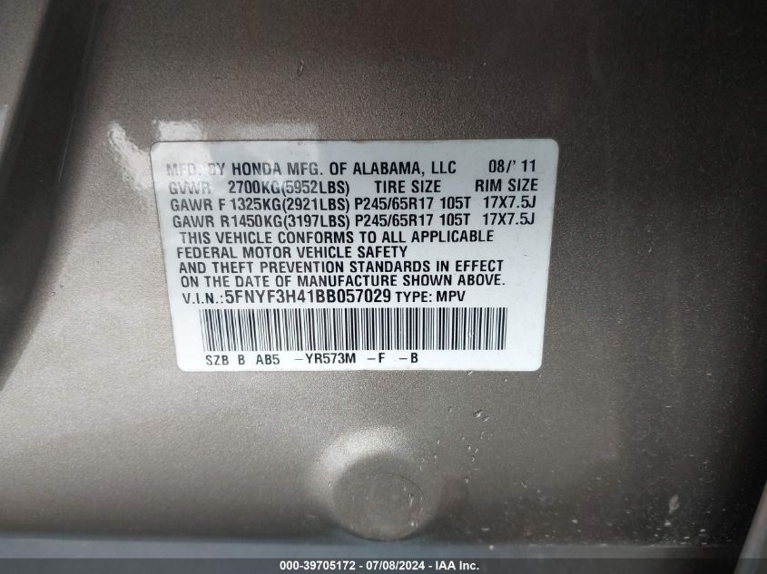 2011 Honda Pilot Ex VIN: 5FNYF3H41BB057029 Lot: 39705172