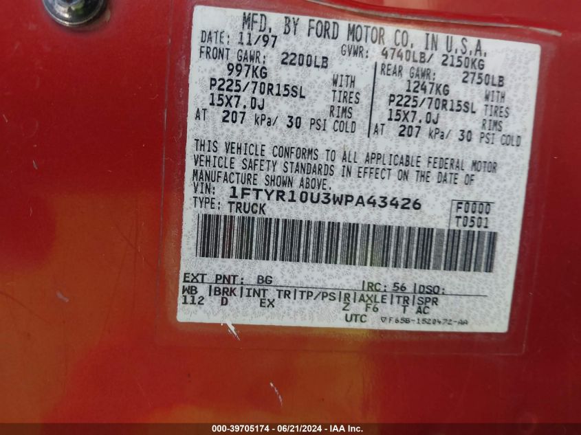 1998 Ford Ranger Splash/Xl/Xlt VIN: 1FTYR10U3WPA43426 Lot: 39705174