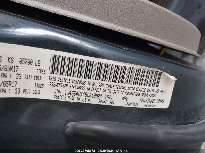 2005 Jeep Grand Cherokee Laredo VIN: 1J4GS48K45C649824 Lot: 39705178