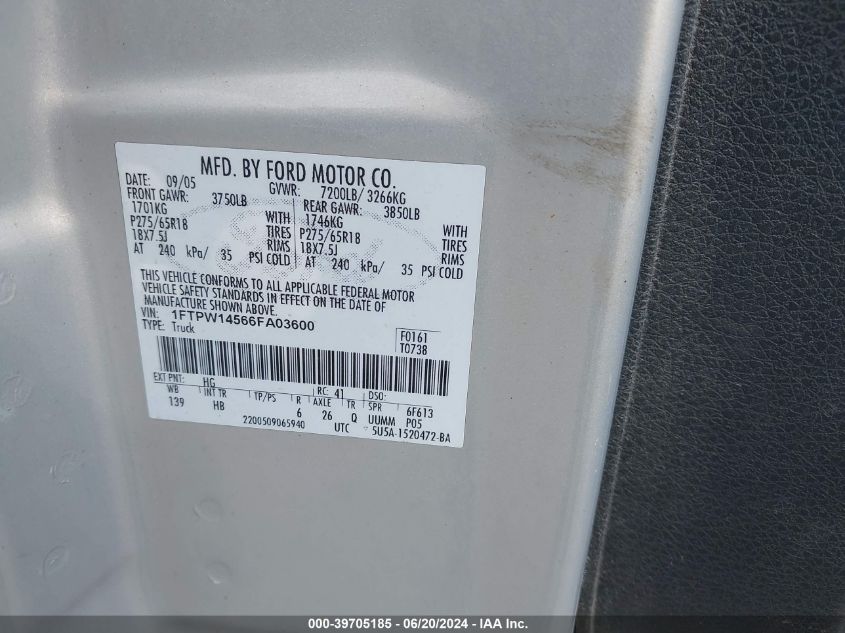 2006 Ford F-150 Fx4/Lariat/Xlt VIN: 1FTPW14566FA03600 Lot: 39705185