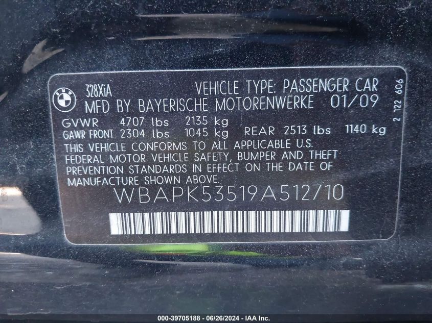 2009 BMW 328I xDrive VIN: WBAPK53519A512710 Lot: 39705188