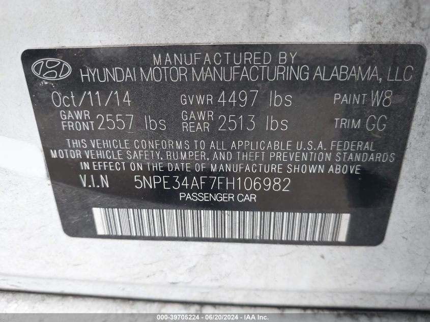 2015 Hyundai Sonata Limited VIN: 5NPE34AF7FH106982 Lot: 39705224