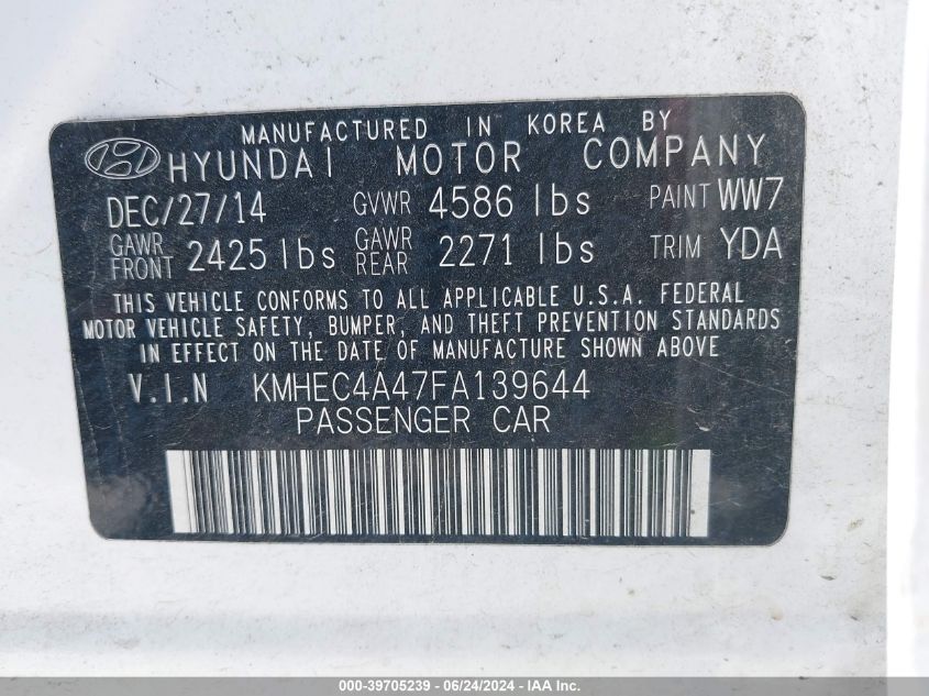 2015 Hyundai Sonata Hybrid VIN: KMHEC4A47FA139644 Lot: 39705239