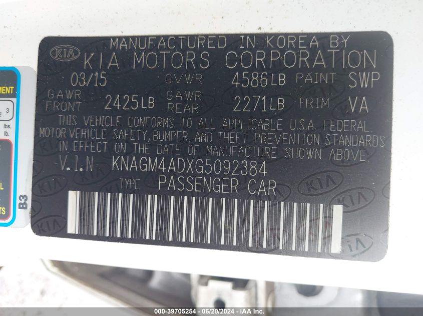 2016 Kia Optima Hybrid VIN: KNAGM4ADXG5092384 Lot: 39705254