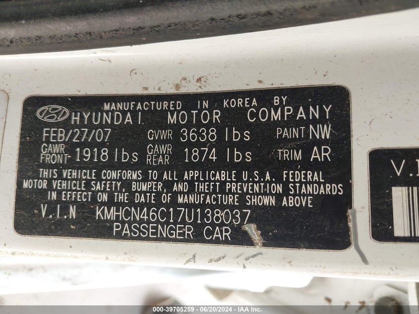 2007 Hyundai Accent Gls VIN: KMHCN46C17U138037 Lot: 39705259