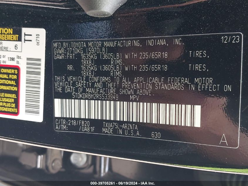 2024 Toyota Highlander Le VIN: 5TDKDRBH2RS533949 Lot: 39705261