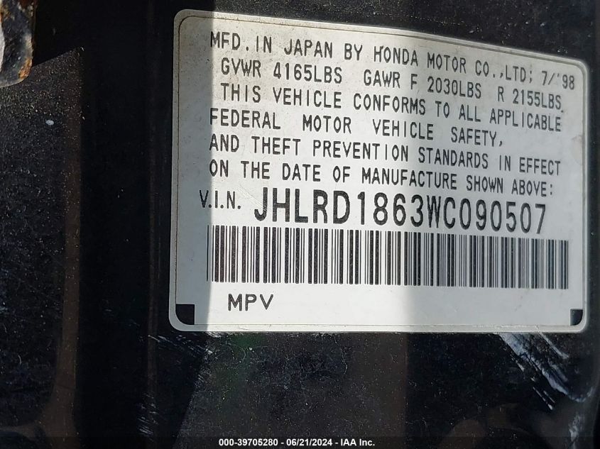 1998 Honda Cr-V Ex VIN: JHLRD1863WC090507 Lot: 39705280