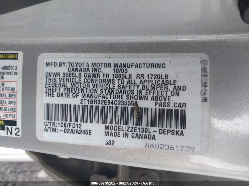 2004 Toyota Corolla S VIN: 2T1BR32E94C235551 Lot: 39705282