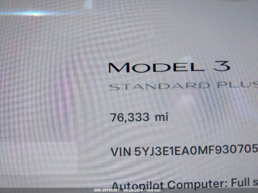 2021 Tesla Model 3 Standard Range Plus Rear-Wheel Drive VIN: 5YJ3E1EA0MF930705 Lot: 39705301