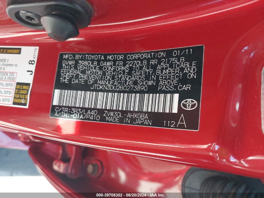 2011 Toyota Prius Four VIN: JTDKN3DU2B0273890 Lot: 39705302