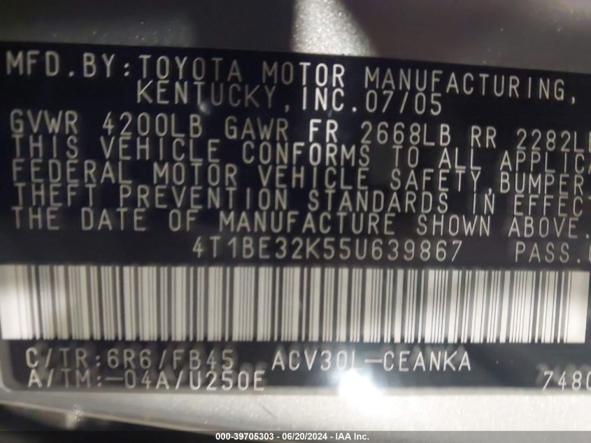 2005 Toyota Camry Le VIN: 4T1BE32K55U639867 Lot: 39705303