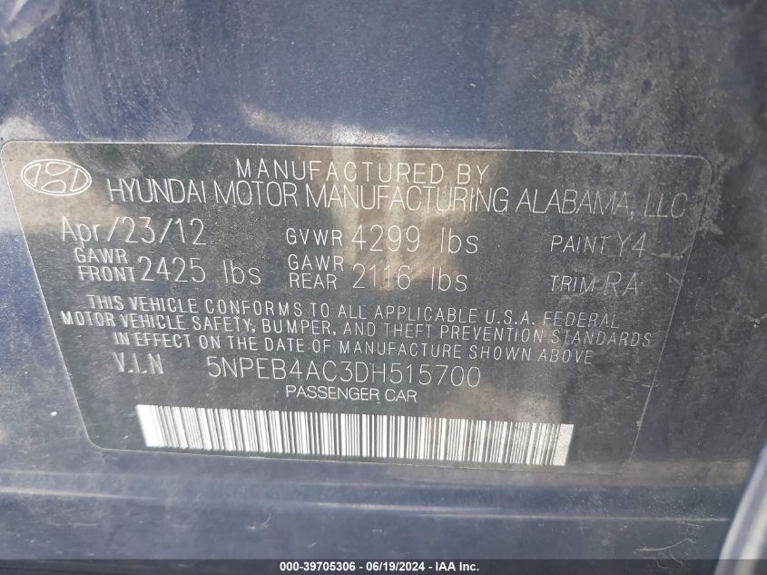 2013 Hyundai Sonata Gls VIN: 5NPEB4AC3DH515700 Lot: 39705306