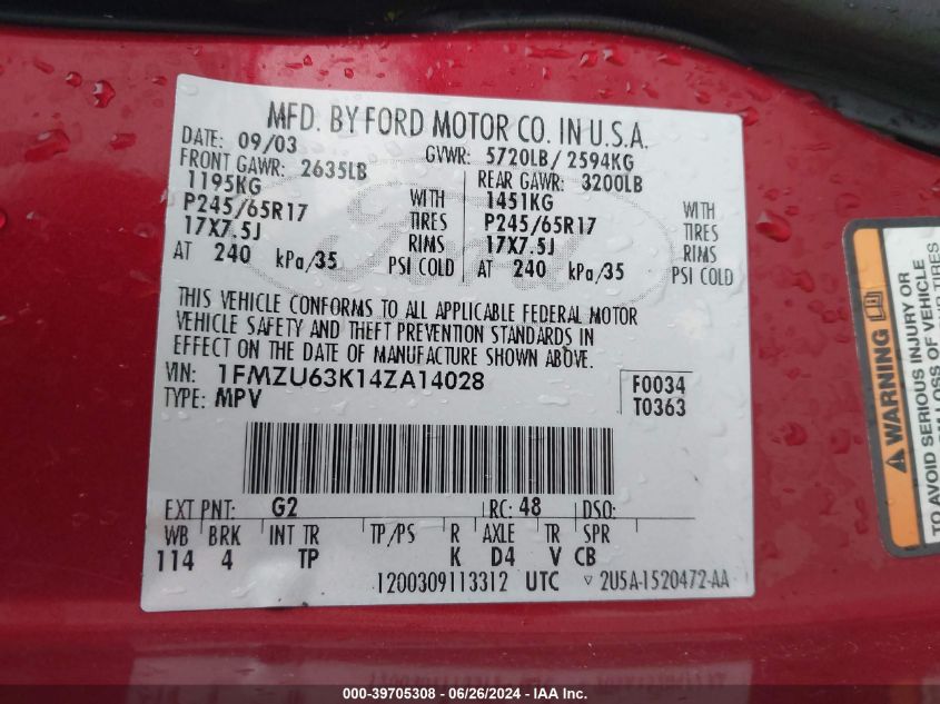 2004 Ford Explorer Xlt/Xlt Sport/Nbx VIN: 1FMZU63K14ZA14028 Lot: 39705308
