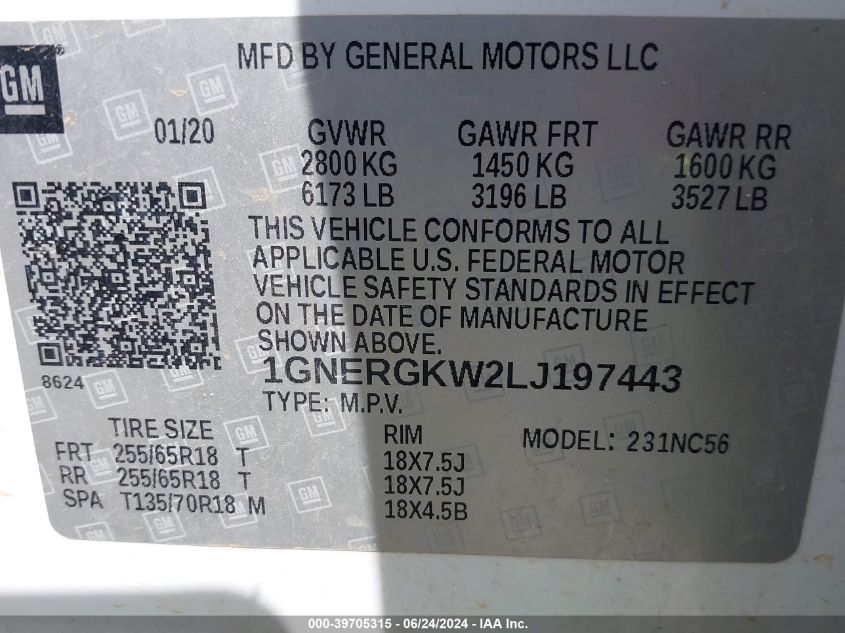 2020 Chevrolet Traverse Fwd Lt Cloth VIN: 1GNERGKW2LJ197443 Lot: 39705315