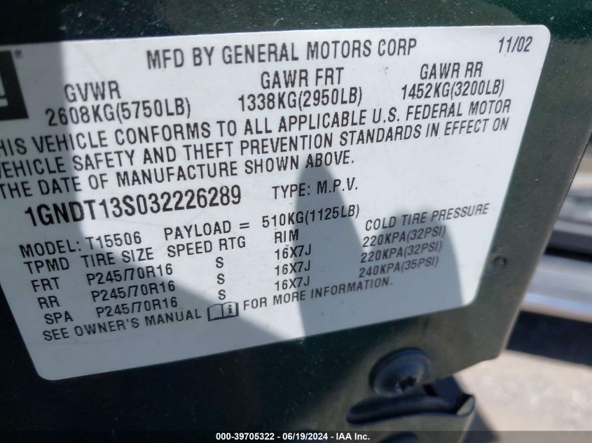 2003 Chevrolet Trailblazer Lt VIN: 1GNDT13S032226289 Lot: 39705322