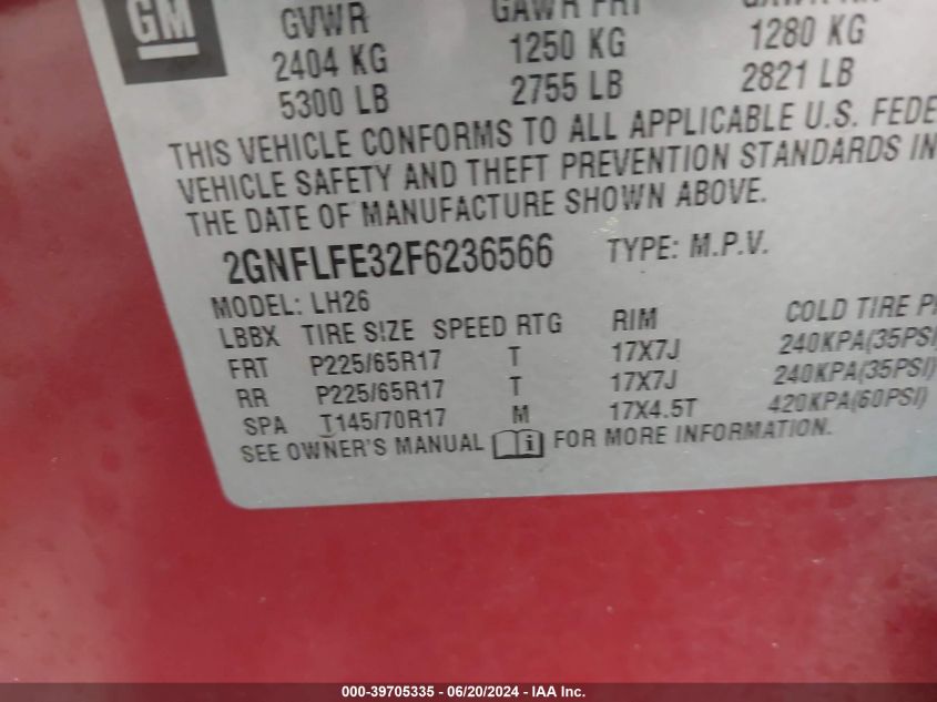 2015 Chevrolet Equinox Lt VIN: 2GNFLFE32F6236566 Lot: 39705335