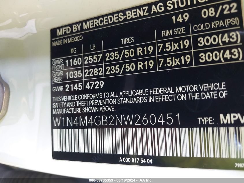 2022 Mercedes-Benz Glb 250 VIN: W1N4M4GB2NW260451 Lot: 39705359