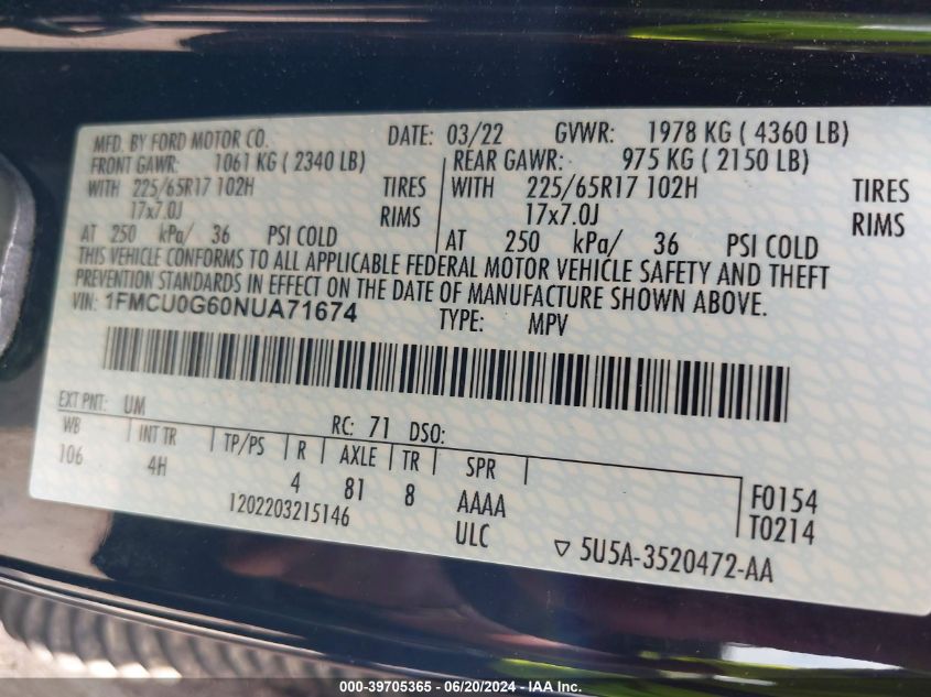 2022 Ford Escape Se VIN: 1FMCU0G60NUA71674 Lot: 39705365