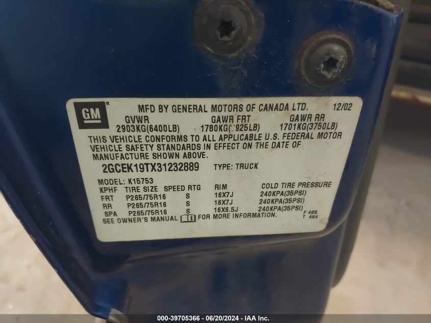 2003 Chevrolet Silverado 1500 Ls VIN: 2GCEK19TX31232889 Lot: 39705366