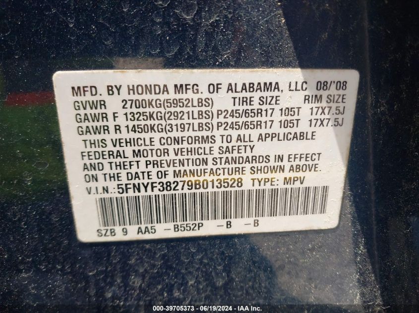 2009 Honda Pilot Lx VIN: 5FNYF38279B013528 Lot: 39705373