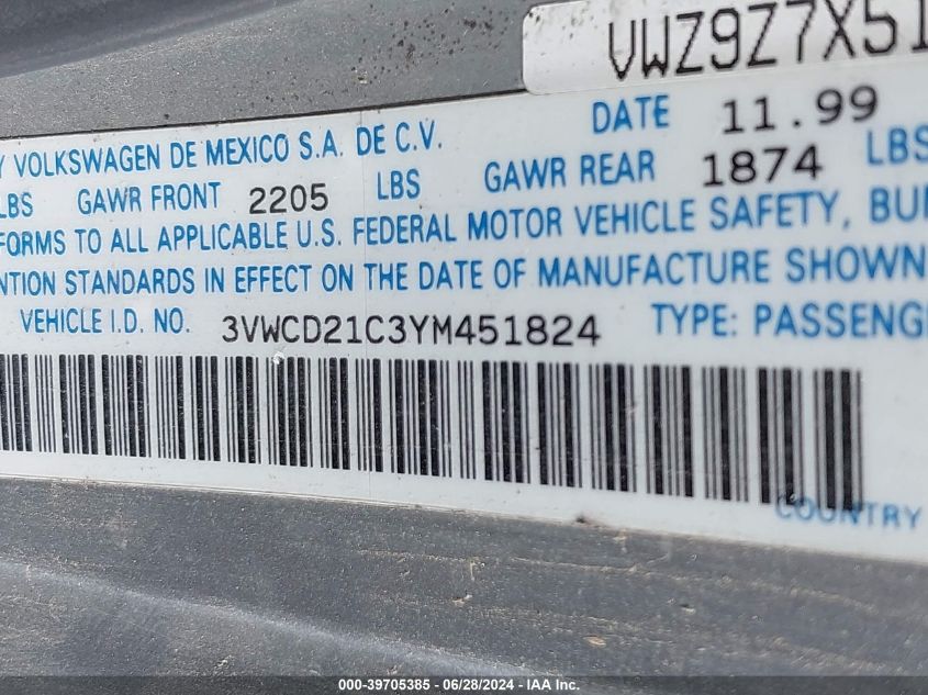 2000 Volkswagen New Beetle Gls VIN: 3VWCD21C3YM451824 Lot: 39705385