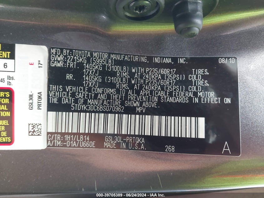 2011 Toyota Sienna Xle V6 VIN: 5TDYK3DC6BS070962 Lot: 39705389