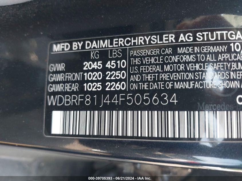 2004 Mercedes-Benz C 240 4Matic VIN: WDBRF81J44F505634 Lot: 39705393