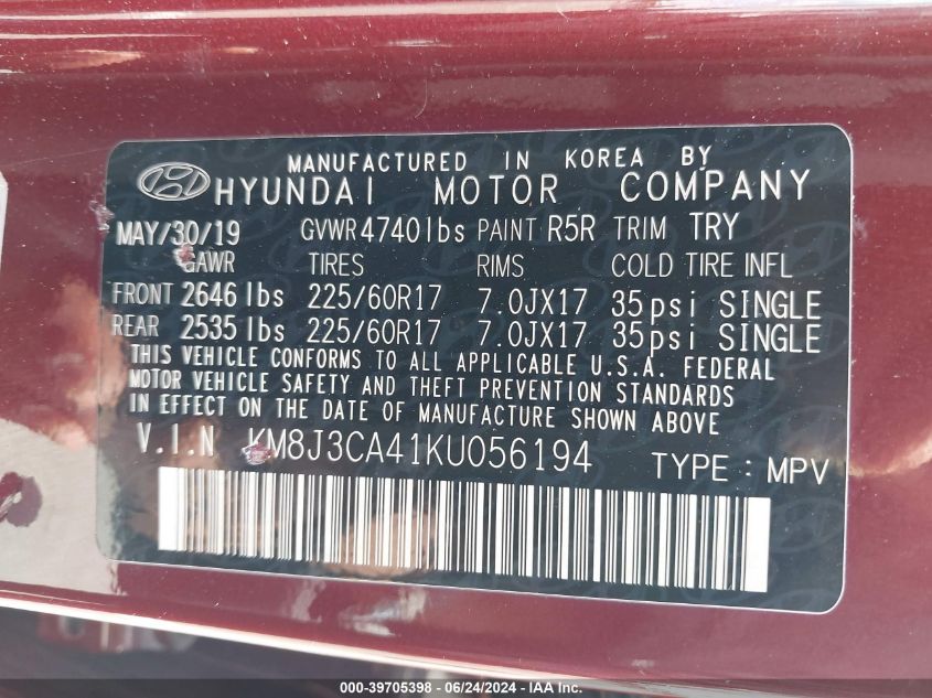 2019 Hyundai Tucson Value VIN: KM8J3CA41KU056194 Lot: 39705398