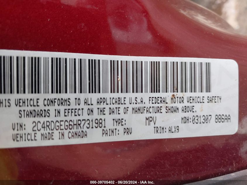 2017 Dodge Grand Caravan Gt VIN: 2C4RDGEG6HR731981 Lot: 39705402